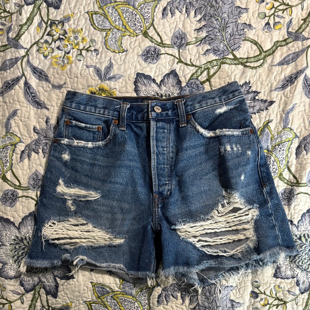 Abercrombie & Fitch Ripped Dark Blue Denim Cutoff High Rise 4” Shorts Sz. 4/27